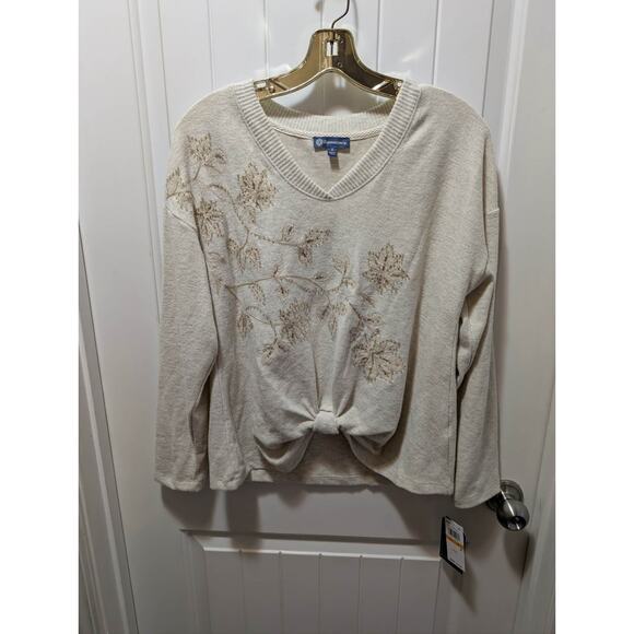 NEW! Democracy V-Neck Knot Hem Long-Sleeve Top Cream Size S Beaded Sequins - Picture 2 of 12